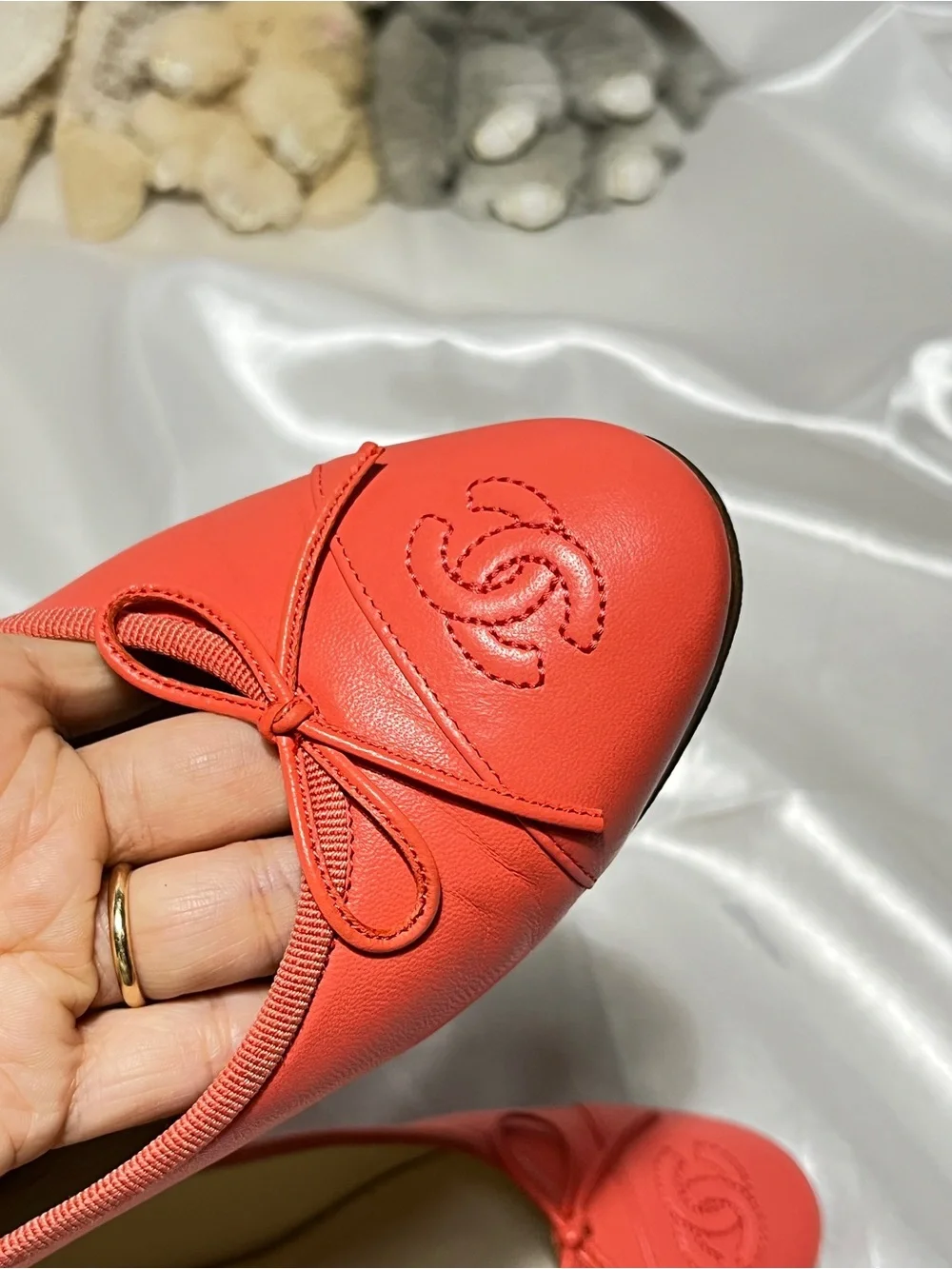 Chanel pink Red Leather Ballet Flats - Classic CC Bow